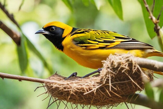 un pájaro amarillo y negro con una cara amarilla y negra se sienta en un nido