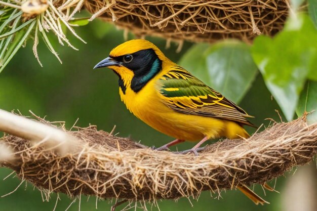 Foto un pájaro amarillo y negro con una cara azul y negra está sentado en una rama