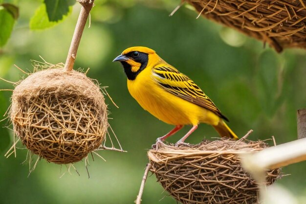 un pájaro amarillo y negro está sentado en un nido con paja