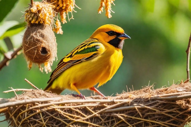 un pájaro amarillo y negro está sentado en un nido