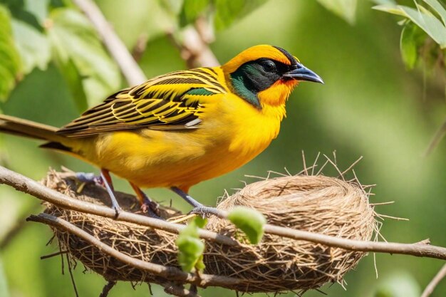 un pájaro amarillo y negro con un pico amarillo se sienta en un nido