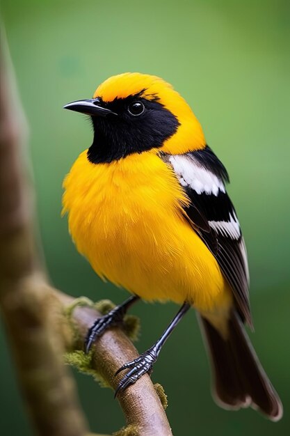 Foto un pájaro amarillo y negro con un pico negro y plumas blancas