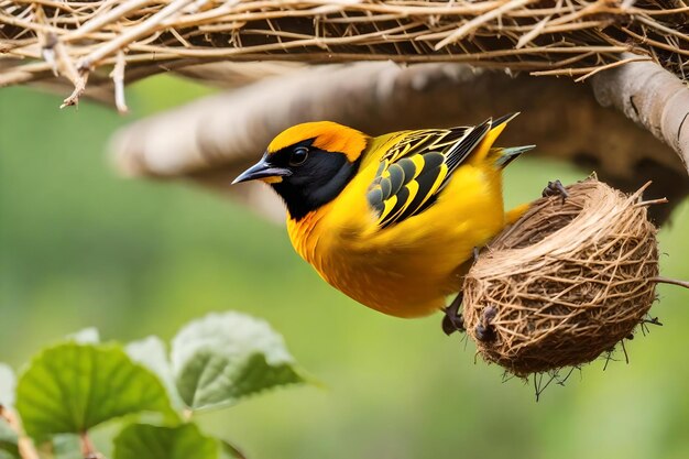 Foto un pájaro amarillo y negro con un pico negro se sienta en un nido.