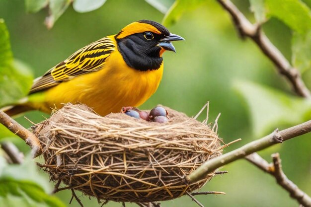 un pájaro amarillo y negro con un pico que está sentado en un nido