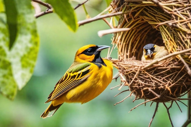 Foto un pájaro amarillo y negro está de pie en un nido con otros dos pájaros