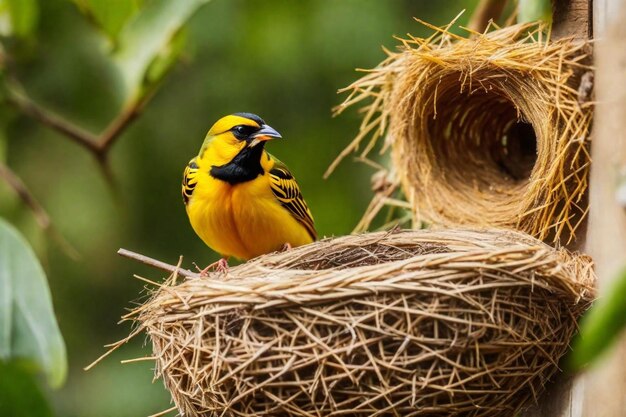 Foto un pájaro amarillo y negro está sentado en un nido con su pico abierto