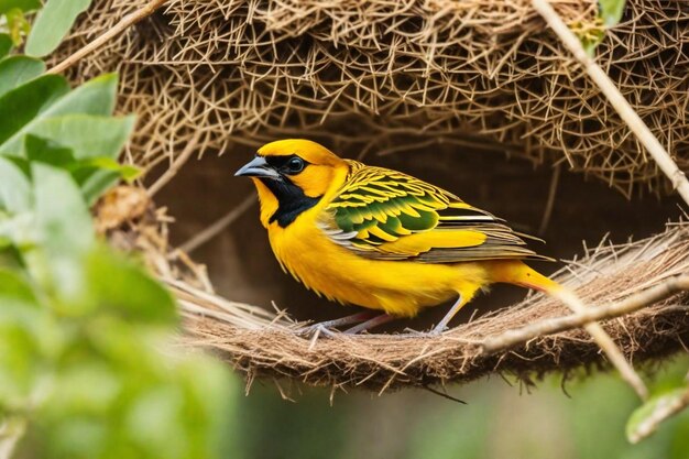 Foto un pájaro amarillo y negro está sentado en un nido