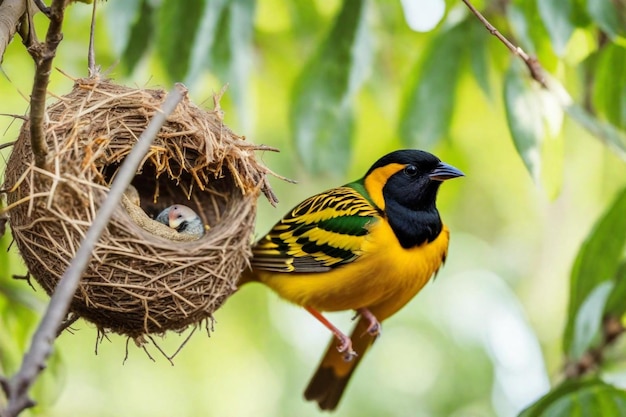 Foto un pájaro amarillo y negro está sentado en una rama con un nido de pájaro en el fondo