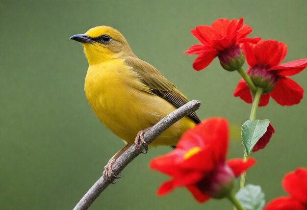 un pájaro amarillo con un pico amarillo se sienta en una rama con flores rojas