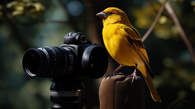 Un pájaro amarillo sentado en un poste de madera cerca de la cámara