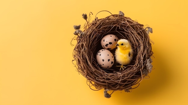 Un pájaro amarillo se sienta en un nido con huevos y un fondo amarillo.