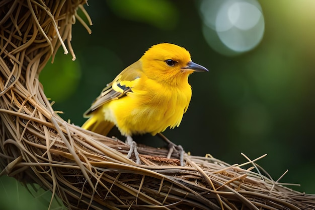 Un pájaro amarillo se sienta en un nido.