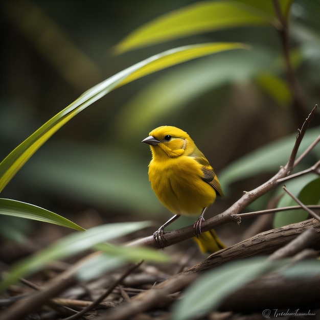 Un pájaro amarillo se sienta en una rama con hojas en el fondo