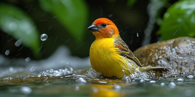 Un pájaro amarillo vibrante bañándose en un tranquilo estanque forestal un momento de naturaleza serena capturado en alta resolución por la IA