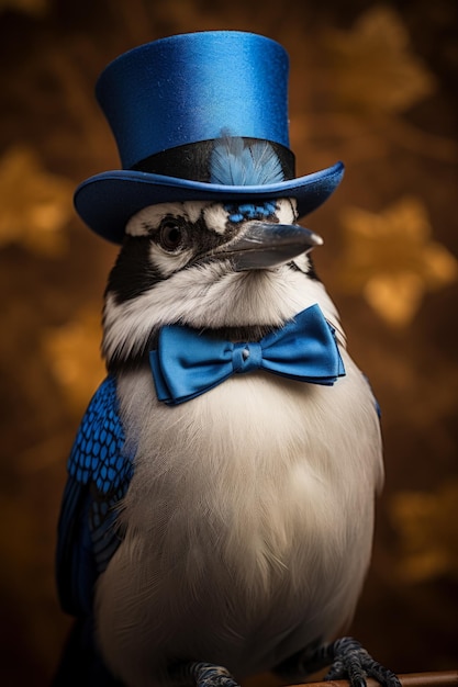El pájaro arrendajo azul hace alarde de sombrero de copa y pajarita navideña para Año Nuevo