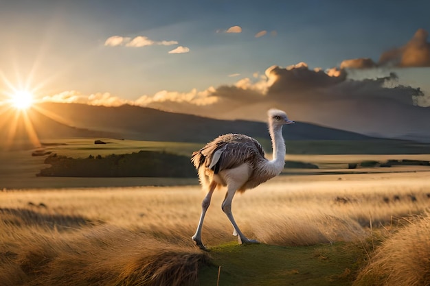 Un pájaro con un atardecer de fondo.