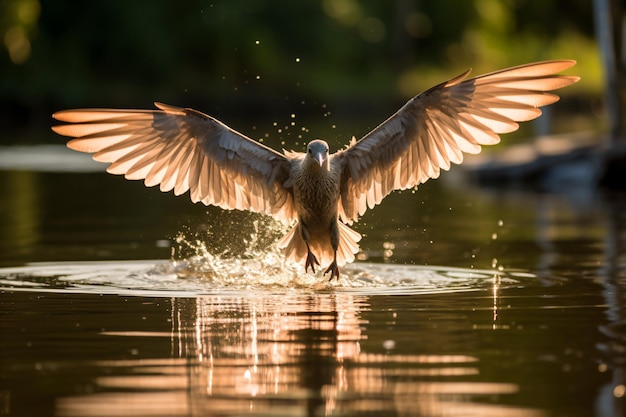 un pájaro aterriza en el agua con las alas extendidas