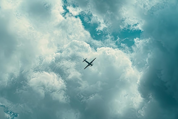 Un pájaro y un avión volando en un cielo azul nublado