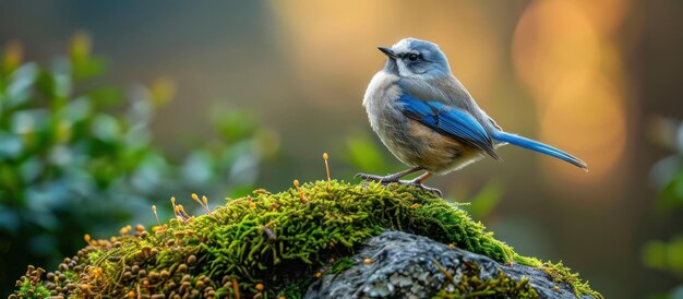 El pájaro azul se alza en una roca cubierta de musgo