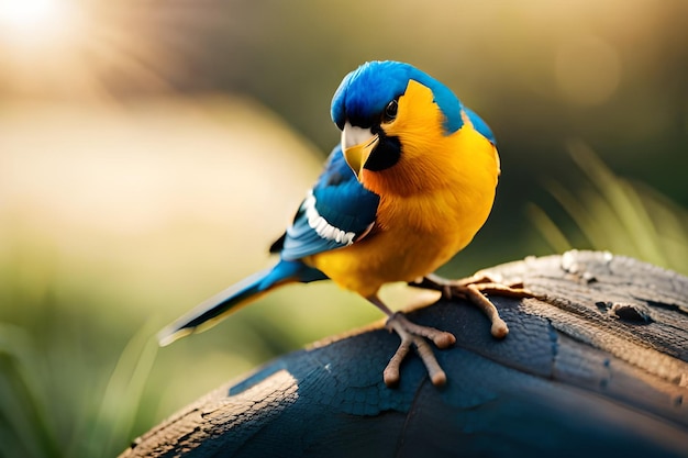 Un pájaro azul y amarillo con cabeza azul y alas azules se sienta sobre un objeto de metal.