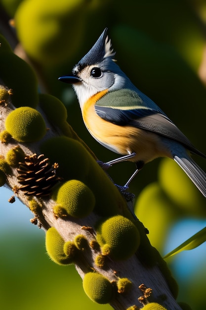 Un pájaro azul y amarillo está sentado en una rama con piñas.