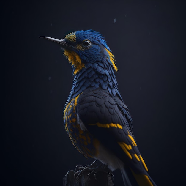Un pájaro azul y amarillo con un fondo negro y el fondo es oscuro.