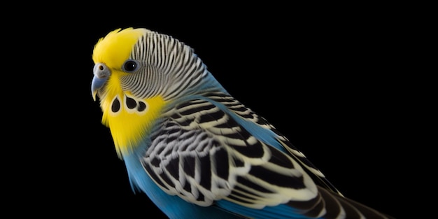 Un pájaro azul y amarillo con un fondo negro.