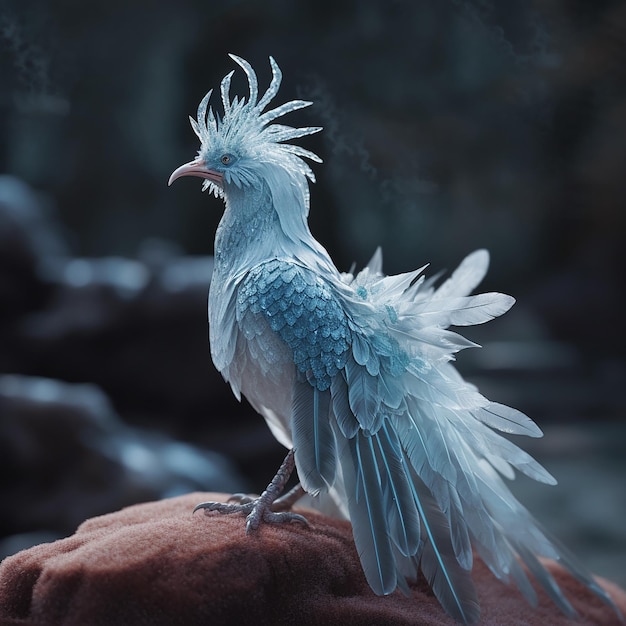 Un pájaro azul y blanco con plumas en sus plumas está parado sobre una roca roja.