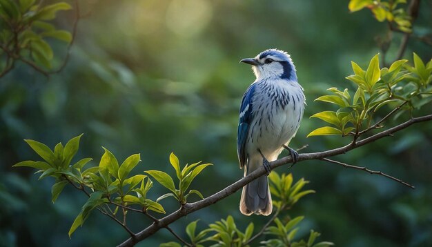 Foto un pájaro azul y blanco posado con gracia en una rama delgada de un árbol sus plumas brillando en el tan