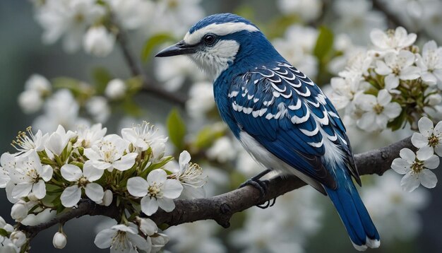 Foto el pájaro azul y blanco con su plumaje vibrante y patrones intrincados se sienta en una rama de árbol adornada con