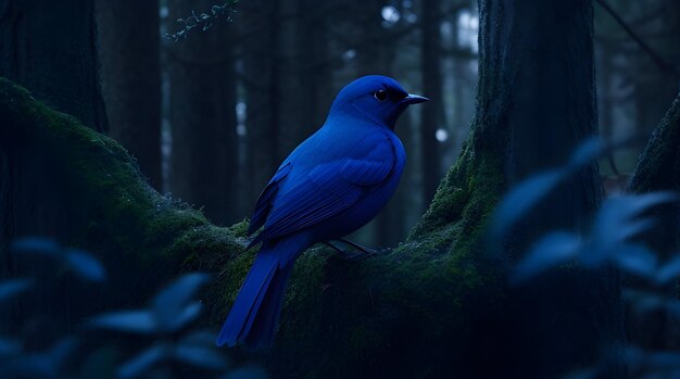 pájaro azul en el bosque oscuro