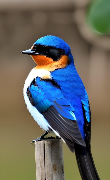 Un pájaro azul con la cabeza negra y naranja.