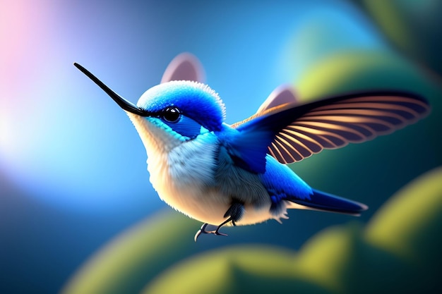 Un pájaro azul con una cara blanca y alas azules está volando en el aire.