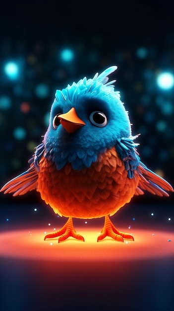 Un pájaro azul con cola roja y plumas naranjas en la cabeza.