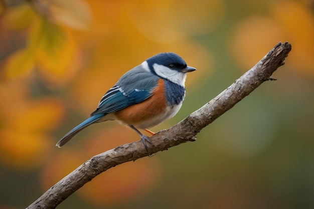 Un pájaro azul colorido en una rama de otoño