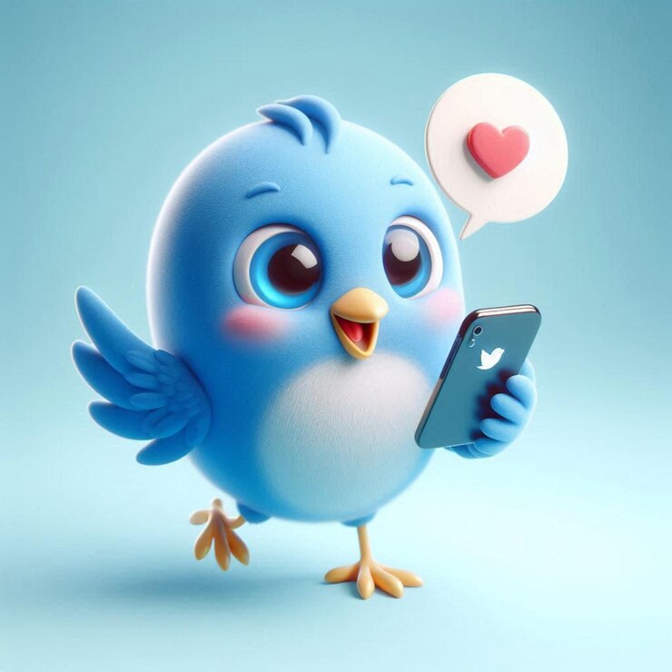 un pájaro azul con un corazón en el pecho sostiene un teléfono