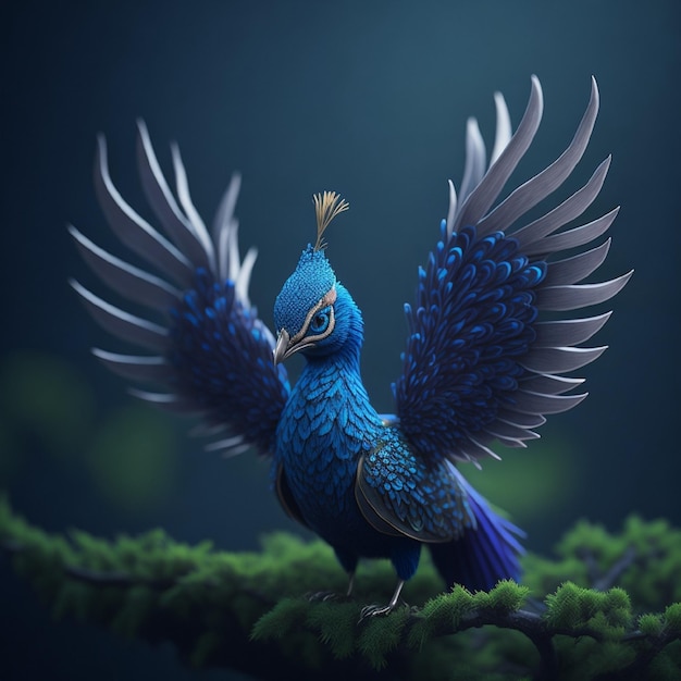 Un pájaro azul con una corona de oro en la cabeza se encuentra en una rama.
