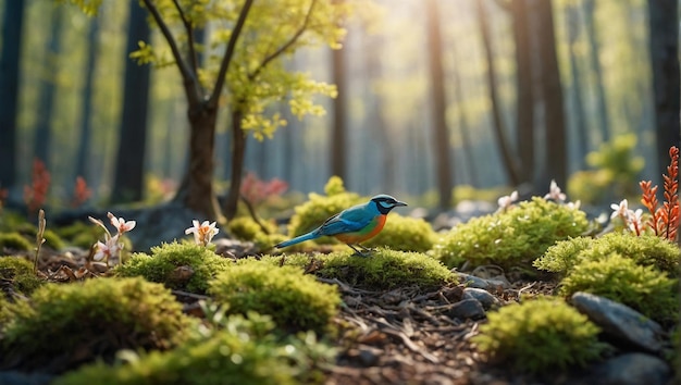 un pájaro azul está de pie en una roca cubierta de musgo generativa AI