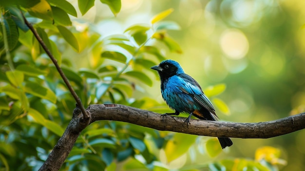 un pájaro azul está sentado en una rama con hojas en el fondo