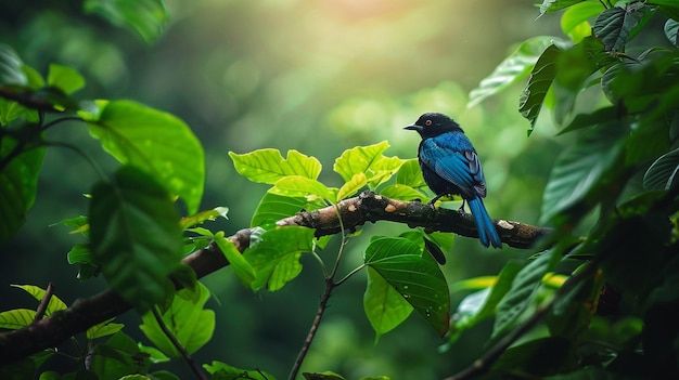 un pájaro azul está sentado en una rama con el sol brillando a través de las hojas