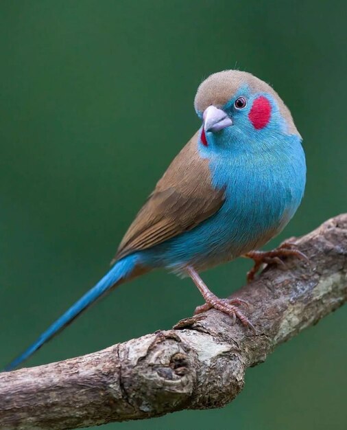 Foto un pájaro azul con una mancha roja en la cara se sienta en una rama.