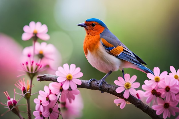 un pájaro azul y naranja está posado en una rama con flores rosadas.