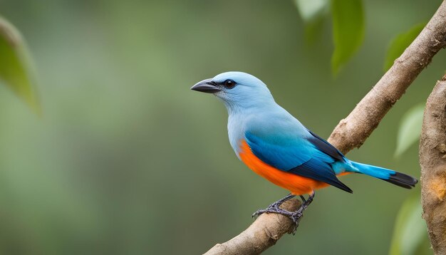 un pájaro azul y naranja está posado en una rama