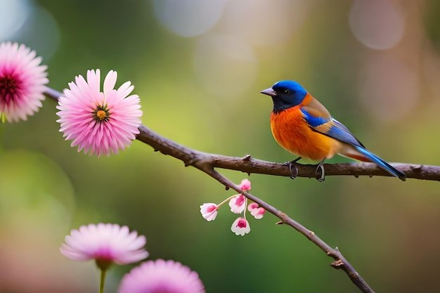 Un pájaro azul y naranja está sentado en una rama con flores rosadas.