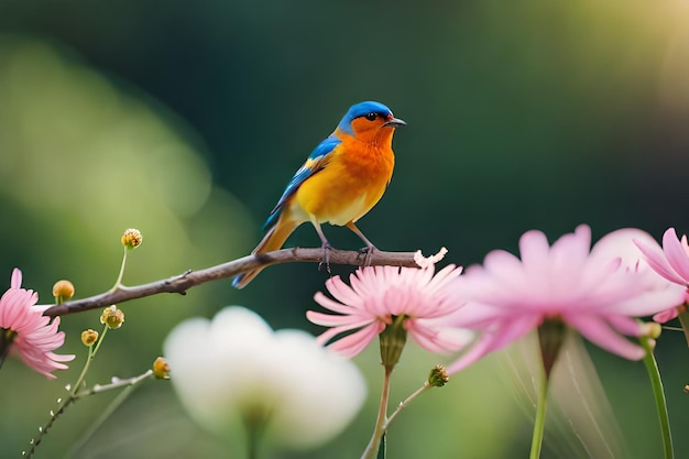 un pájaro azul y naranja en una rama con flores al fondo.