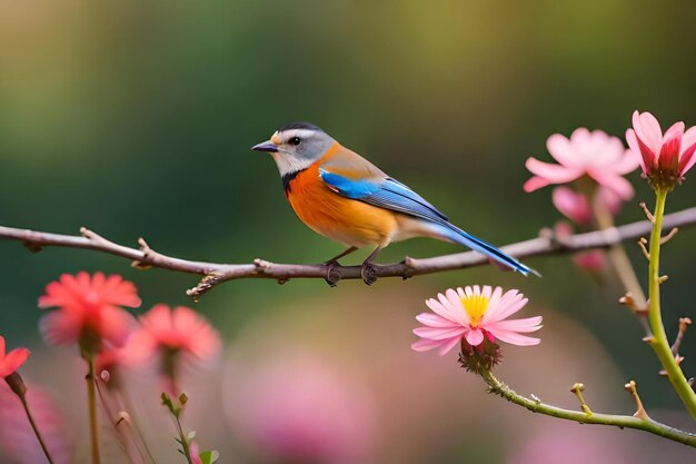 Foto un pájaro azul y naranja está sentado en una rama con flores al fondo.