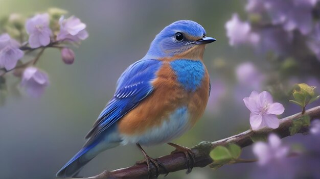 un pájaro azul y naranja se sienta en una rama con flores púrpuras