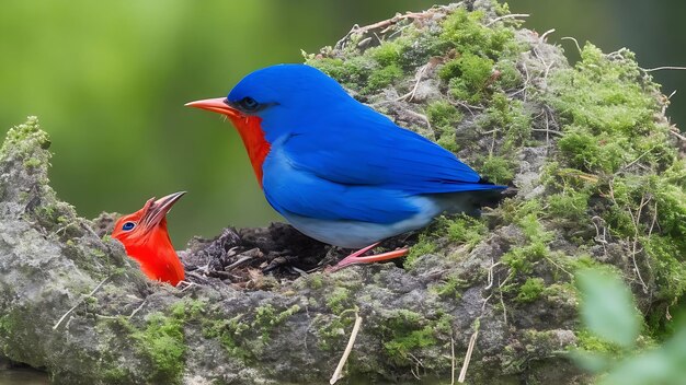 un pájaro azul en un nido