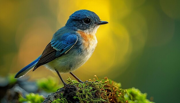 Foto un pájaro azul con un pecho amarillo y naranja se sienta en una rama de musgo