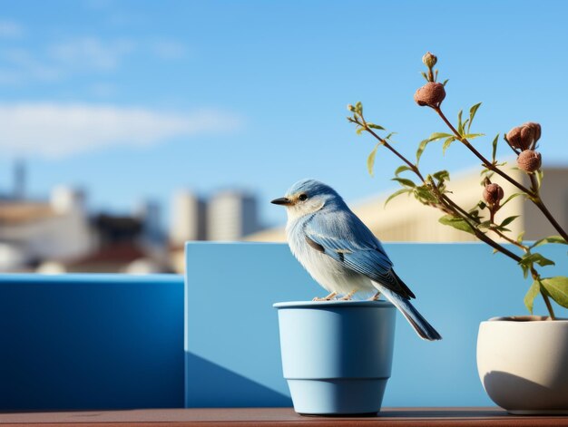 un pájaro azul sentado en una olla azul sobre una mesa